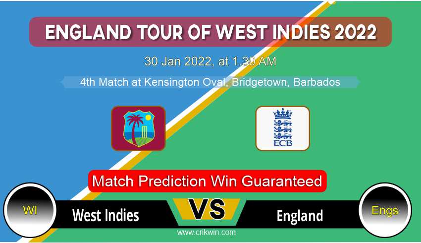 West Indies vs England T20 4th Today Match Prediction with latest all updates from England tour of West Indies 2022 30 Jan 2022, at 1.30 AM Match