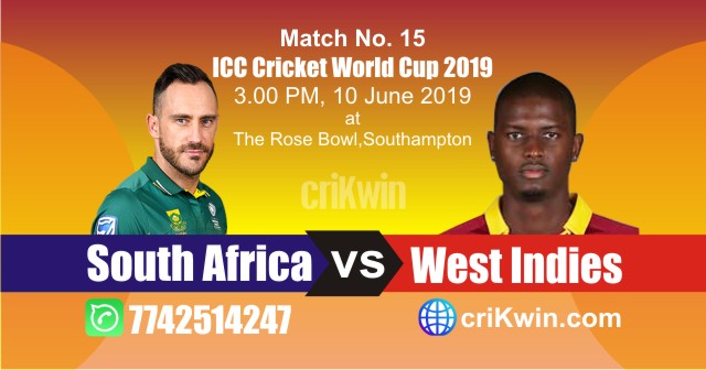 World Cup 2019 South Africa vs West Indies 15th Match Win Prediction