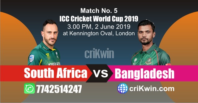 World Cup 2019 South Africa vs Bangladesh 5th Match Win Prediction
